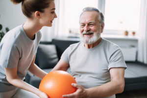 Senior and occupational therapist engage in therapy as he wonders, "can occupational therapy support aging?"